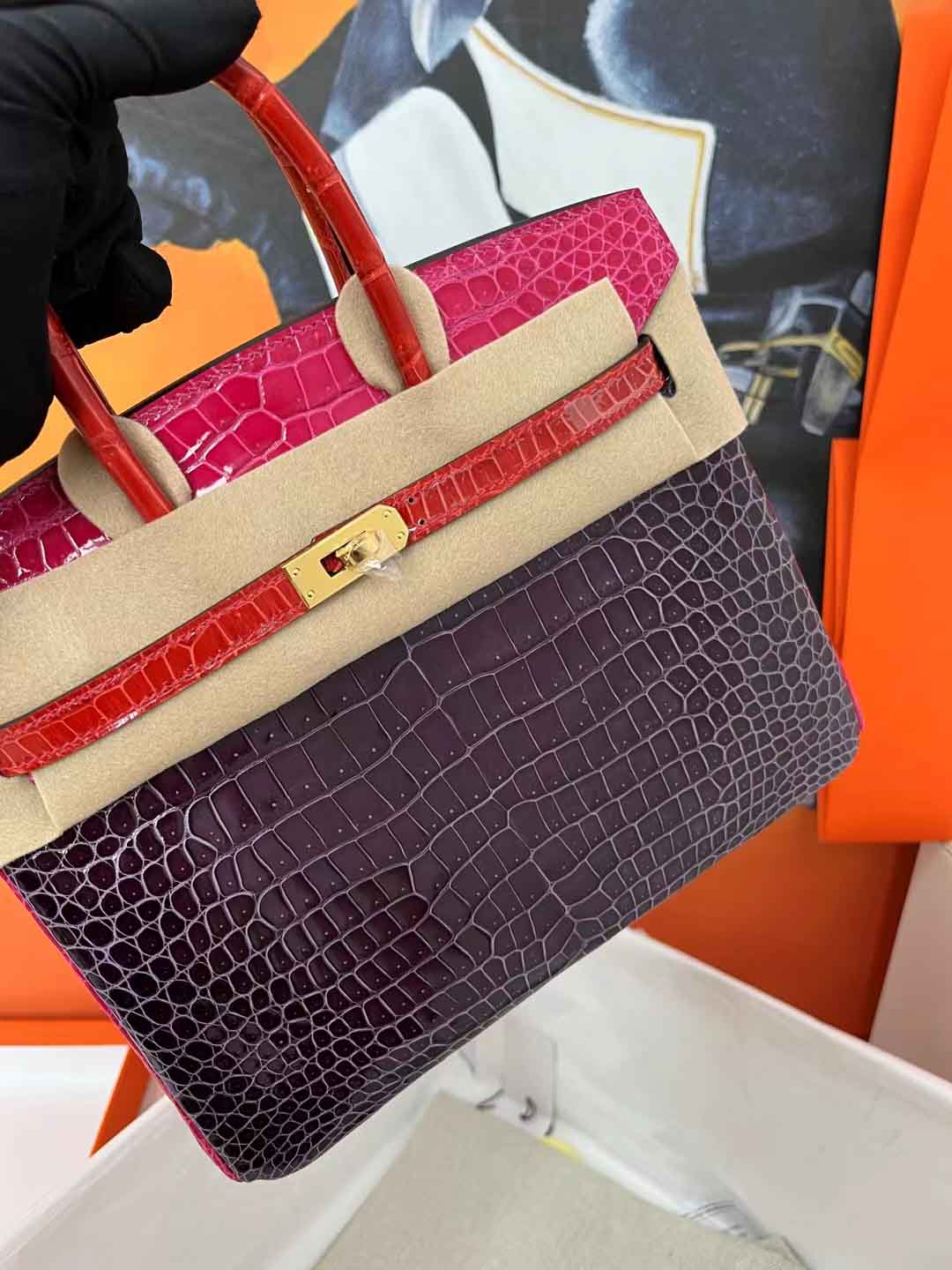 现货实拍 Birkin25 法国HCP湾鳄鳄鱼 三拼色 现货实拍 Birkin25 法国HCP湾鳄鳄鱼 波尔多酒红色